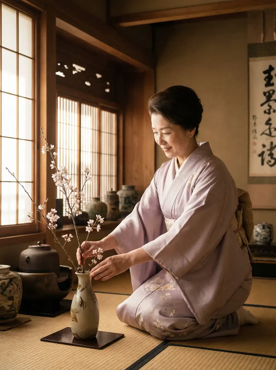 一位优雅的 黄百鸣喜剧电影 在和室中插花